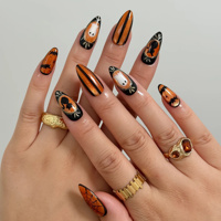 Ongles à presser vintage orange et noir pour Halloween, peints à la main, motif chat noir, fantôme, toile d'araignée, chauve-souris, en acrylique, forme amande, personnalisés pour SPA des ongles