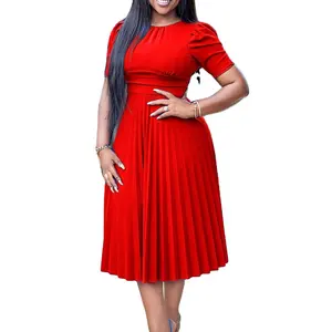 Summer African style celebrity red new arrivals short sleeve pleated solid color plus size crew neck green dresses