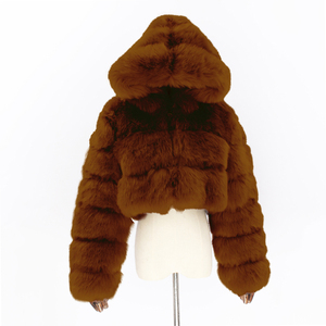 Manteau en fausse fourrure à la mode pour femmes à la mode personnalisé <span class=keywords><strong>bleu</strong></span> femmes manteau de fourrure <span class=keywords><strong>court</strong></span> coloré à capuche col de fourrure manteau uni - Product Image 4