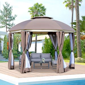 Gazebo para Exteriores, Domo para Patio, Toldo de 12' x 12', Techo Doble, Tela Marrón, Estilo Pérgola, con Cortinas Laterales y Mallas - Product Image 3