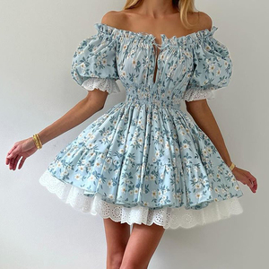 Lace-Up Ruched Empire Waisted <strong>Off</strong> <strong>Shoulder</strong> Puff Sleeve Casual Elegant Floral Short <strong>Dresses</strong> 2025 Ladies Summer <strong>Corset</strong> <strong>Dress</strong> - Product Image 3