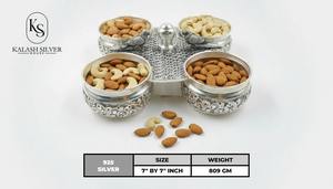 Ensemble de bols à fruits secs en argent de luxe avec 4 contenants et un support, ensemble de rangement décoratif artisanal pour la maison, le temple et les cadeaux - Product Image 3