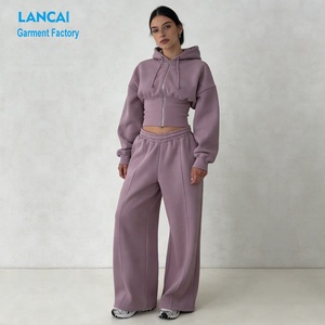 Ensemble de survêtement décontracté à manches longues élégant et personnalisé, taille cintrée, sweat à capuche zippé et pantalon de <span class=keywords><strong>jogging</strong></span> à jambes larges, deux pièces pour femmes - Product Image 1