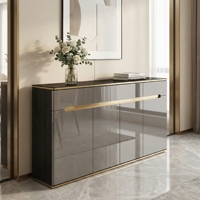 Buffet de luxe léger avec plateau en pierre frittée, meuble de rangement en MDF brillant avec finition dorée pour salle à manger et salon