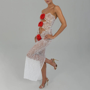 Lace-trimmed Floral Strapless See-through Bodycon Long Dress Natural Waist Cut-out Evening Dress - Product Image 4