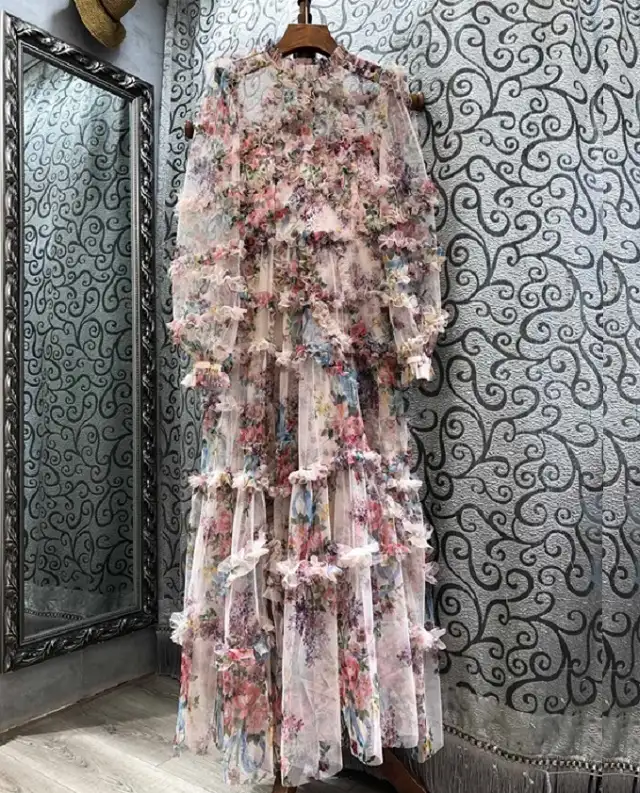 أعلى جودة المرأة فستان طويل 2022 الربيع الصيف حفل زفاف السيدات الساحرة الأزهار طباعة كم طويل فستان ماكسي ثوب Vestido