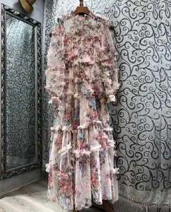En kaliteli kadın uzun elbise 2024 bahar düğün parti bayanlar büyüleyici çiçek baskı uzun kollu Maxi elbise kıyafeti Vestido
