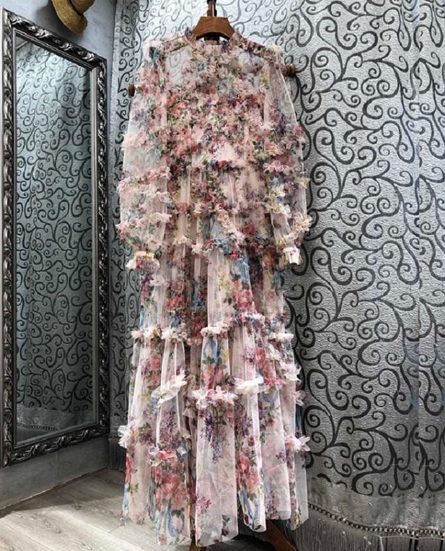 chinese dress ladies Floral Frill Trim Sleeve Plunge Maxi Dress main image 0
