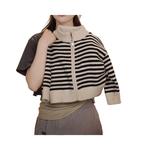 Women's Striped Zipper Cardigan Short Sleeve Knit Sweater Contrast Color Casual Wear - Product Image 4