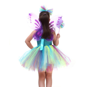Abito <span class=keywords><strong>in</strong></span> <span class=keywords><strong>Tulle</strong></span> con Cerchietto Ali di Farfalla Costume da Elfo Blu e Viola Carino Gonna da Principessa per Bambine Compleanno - Product Image 4