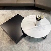 Table basse de rangement 2-en-1 en pierre frittée, table ronde avec tiroir carré, design peu encombrant pour salon et maison