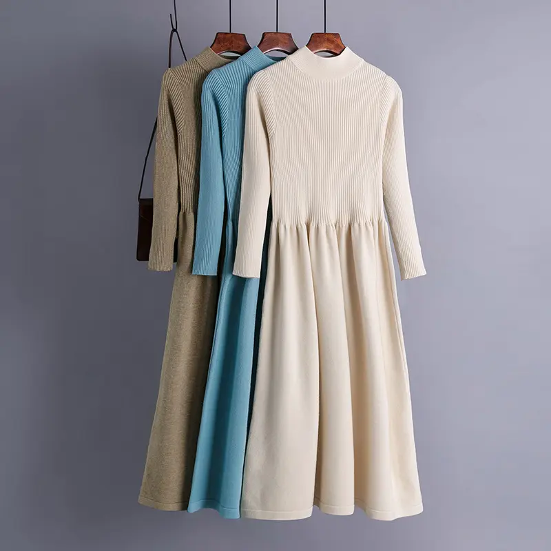 निटवेअर निर्माता कस्टम टर्टलनेक लंबी आस्तीन जैक्वार्ड कैजुअल महिलाओं की सुरुचिपूर्ण शाम बुना हुआ स्वेटर ड्रेस
