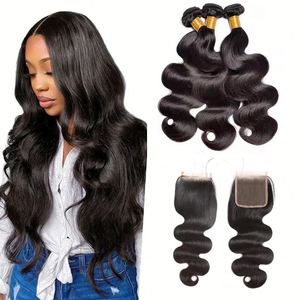 Extensions de cheveux brésiliens vierges à 100 % en gros, trame ondulée naturelle, 3 paquets, fermeture en dentelle transparente HD 4x4, pré-coupés - Product Image 1