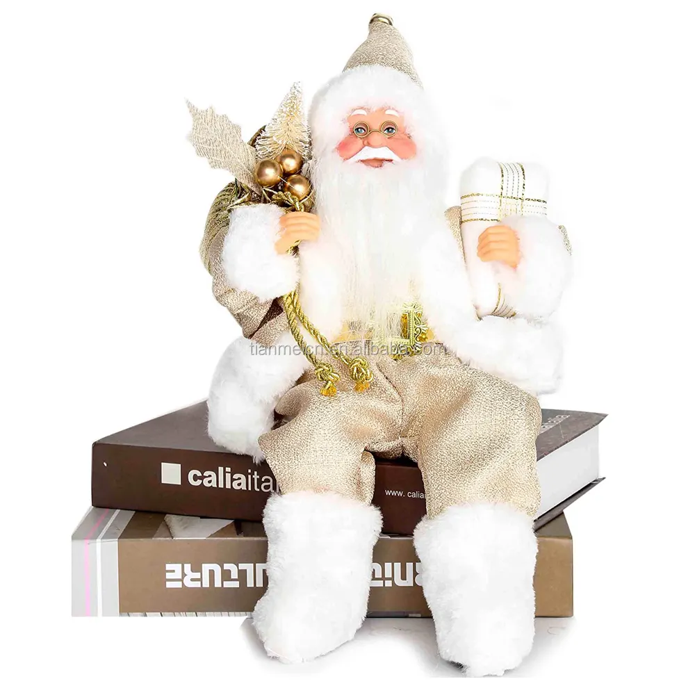 12in Chsanta Claus Decoratie Navidad Zitten Gouden Beeldje Met Gift Bag Bladeren Doos Dragen Witte Schoenen Kerstvakantie