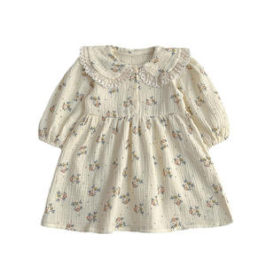 새로운 스타일 부티크 키즈 인쇄 원피스 100% 면 캐주얼 긴 소매 레이스 칼라 무릎 길이 가을 아기 옷 여자에 대 한 - Product Image 1