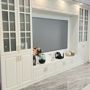 Meuble <span class=keywords><strong>TV</strong></span> de style shaker français moderne et luxueux, <span class=keywords><strong>laqué</strong></span> <span class=keywords><strong>blanc</strong></span>, unité murale de divertissement, armoire de rangement personnalisée pour salon - Product Image 2