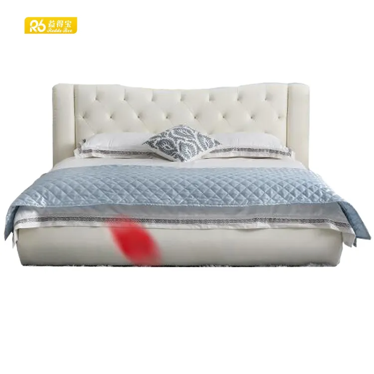 רהיטי עץ מיטה זוגית, מיטת עור רהיטים משומשים מצויץ לבן כפול
