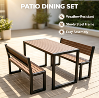 Ensemble de table rectangulaire de jardin avec 2 chaises et un banc, mobilier de salon extérieur, design moderne, métal + plastique bois durable