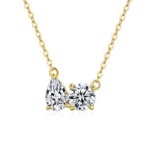 Collier pendentif en moissanite à deux pierres, argent sterling 925 avec chaîne plaquée or, collier solitaire rond à taille poire pour femme - Product Image 4