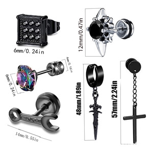 Stainless Steel Black <b>Cross</b> Pendant Earrings Set 6 Pieces Men's Fashion Jewelry Studs Hoop <b>Chain</b> Earring Collection - Product Image 2