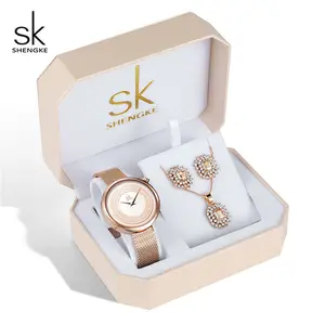 Shengke Rose Gold Đồng Hồ Phụ Nữ Đặt Pha Lê Sang Trọng Bông Tai Vòng Cổ Xem Set 2019 SK Nữ Thạch Anh Đồng Hồ Quà Tặng Cho Phụ Nữ