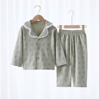 Ensemble de pyjama pour filles en coton pur personnalisé en gros, col en dentelle à manches longues, vêtements de nuit pour enfants