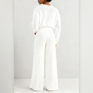 ชุดเซ็ต 2 ชิ้น เสื้อไหมพรมแขนยาวคอกลมประดับเพชรระยิบระยับลายดาวสำหรับผู้หญิง พร้อมกางเกงไหมพรมทรงหลวม แฟชั่นฤดูใบไม้ร่วง - Product Image 3