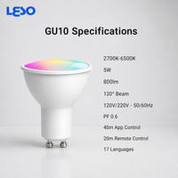 Ampoule intelligente RGB+CCT 5W 800lm 2700K-6500K à intensité variable, application Briturn, WiFi 2.4G, télécommande, option de douille GU10, utilisation domestique et hôtelière
