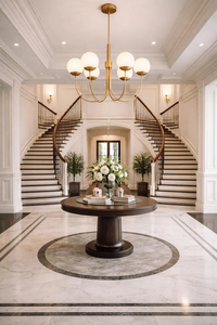 Lustre design moderne du milieu du siècle à 6 lumières en laiton avec globes en verre dépoli, luminaire suspendu pour salon - Product Image 2