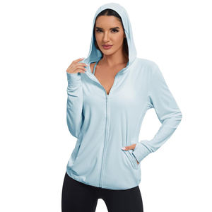 <b>Women</b> <b>Light</b> Blue Hooded Zip-Up Sun Protection <b>Jacket</b> Full Sleeve Anti-Uv Solid Color Regular Fit with Pockets - Product Image 1