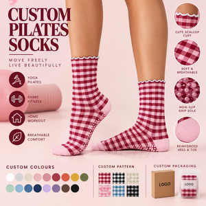 Chaussettes de yoga antidérapantes à logo personnalisé, motif à carreaux, avec bord festonné, faible MOQ, conception gratuite, emballage personnalisé pour femmes - Product Image 1