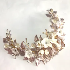 ES119 NEW large wedding hair clip White Ceramic Flower hair comb rhinestone bridal headpiece