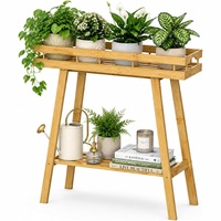 Support pour plantes en bambou à 2 niveaux, étagère en forme de A pour pots de fleurs avec plateau à rebord pour balcon, patio et décoration de salon