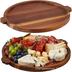 Plateau de service rond en bois d'acacia avec poignée pour plateau de fromages et charcuteries, décoration de table à manger - Product Image 1