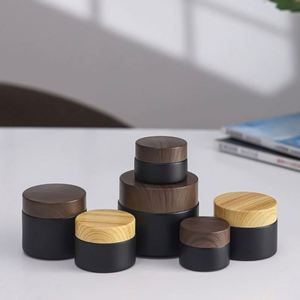 Tarros cilíndricos de vidrio borosilicato ámbar negro mate esmerilado con tapa de rosca de bambú, 10g 50g, para crema facial, alta calidad, personalizados - Product Image 2