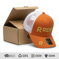 Gorra Trucker de Malla Estructurada Azul Marino y Naranja de Alta Calidad con Bordado 3D Dorado en Relieve, Estilo Urbano de Lujo, Gorra de Béisbol con Caja