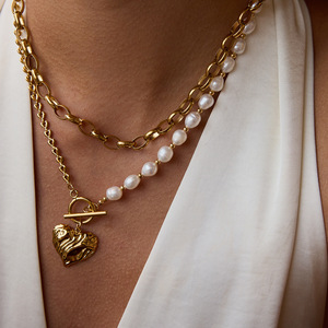 Collar de perlas de agua dulce con colgante de corazón de oro, joyería elegante de acero inoxidable para mujer, accesorio de moda - Product Image 2