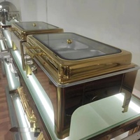Ensemble de chauffe-plats de luxe en acier inoxydable et verre, 9L, doré, avec récipients intérieurs divisés pour buffet et traiteur