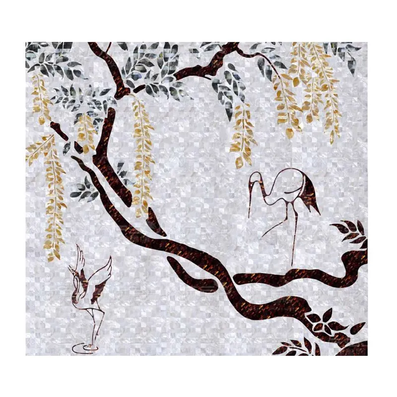 Pohon Willow dan Burung Ubin Dinding Ibu dari Mutiara Mosaik Mural Pola Medali Shell Mosaik Bunga Hewan Buatan Tangan