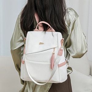 White Minimalist <b>Backpack</b> With Pink Tassel And Detachable Strap Lightweight Multi Functional All Seasons - Product Image 6