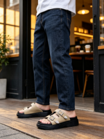 Sandales décontractées pour hommes, plateforme épaisse, style vintage, double boucle métallique, respirantes, en similicuir PU, antidérapantes, pour intérieur et extérieur