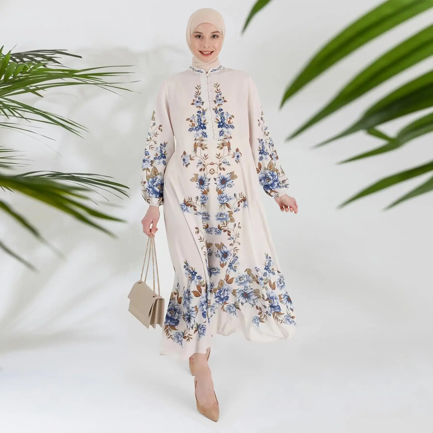 Atacado Nova Chegada Dubai Vestido das Mulheres Planta Floral Impresso Stand Pescoço Solto Montagem Muçulmana Abaya Manga Longa Roupas Femininas