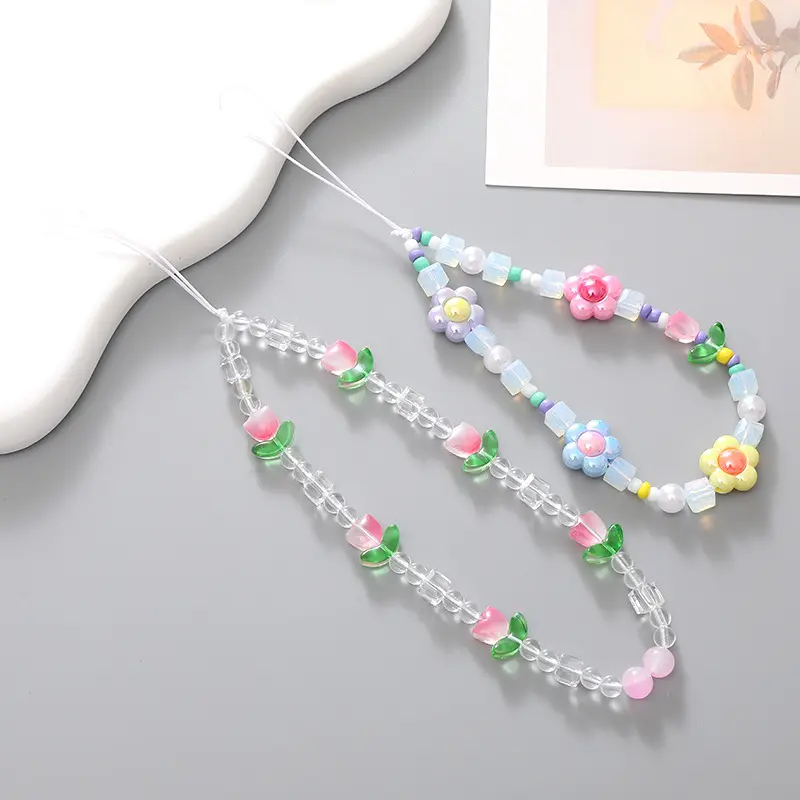 Sangles de téléphone portable en gros perles colorées fleurs de tulipes roses perles chaîne de charme de téléphone pour femmes filles cadeaux accessoire de téléphone