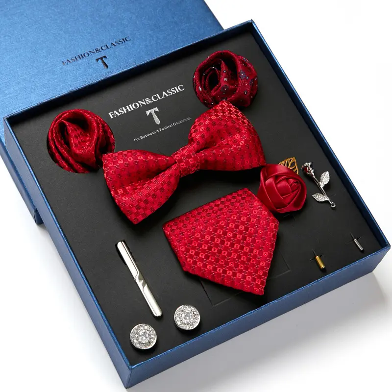 High Quality Red Necktie Gift Set Stylish Woven Ties Custom Bow Ties For Men 100% Silk Mens Gift Box Tie Set