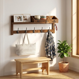 Porte-manteau mural vintage en bois grainé avec 1 étagère, 5 crochets doubles et porte-clés pour l'entrée - Product Image 2