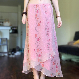Falda Larga Asimétrica con Estampado Floral y Volantes, Estilo Suave, Ligera y Fresca, de Malla Transparente, para Vacaciones de Verano - Product Image 5
