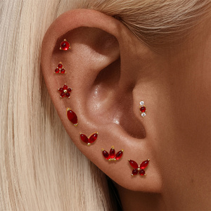 Nouvelle boucle d'oreille piercing mignonne en verre couleur vert-rouge et argent 925 à dos plat pour l'été - Product Image 6