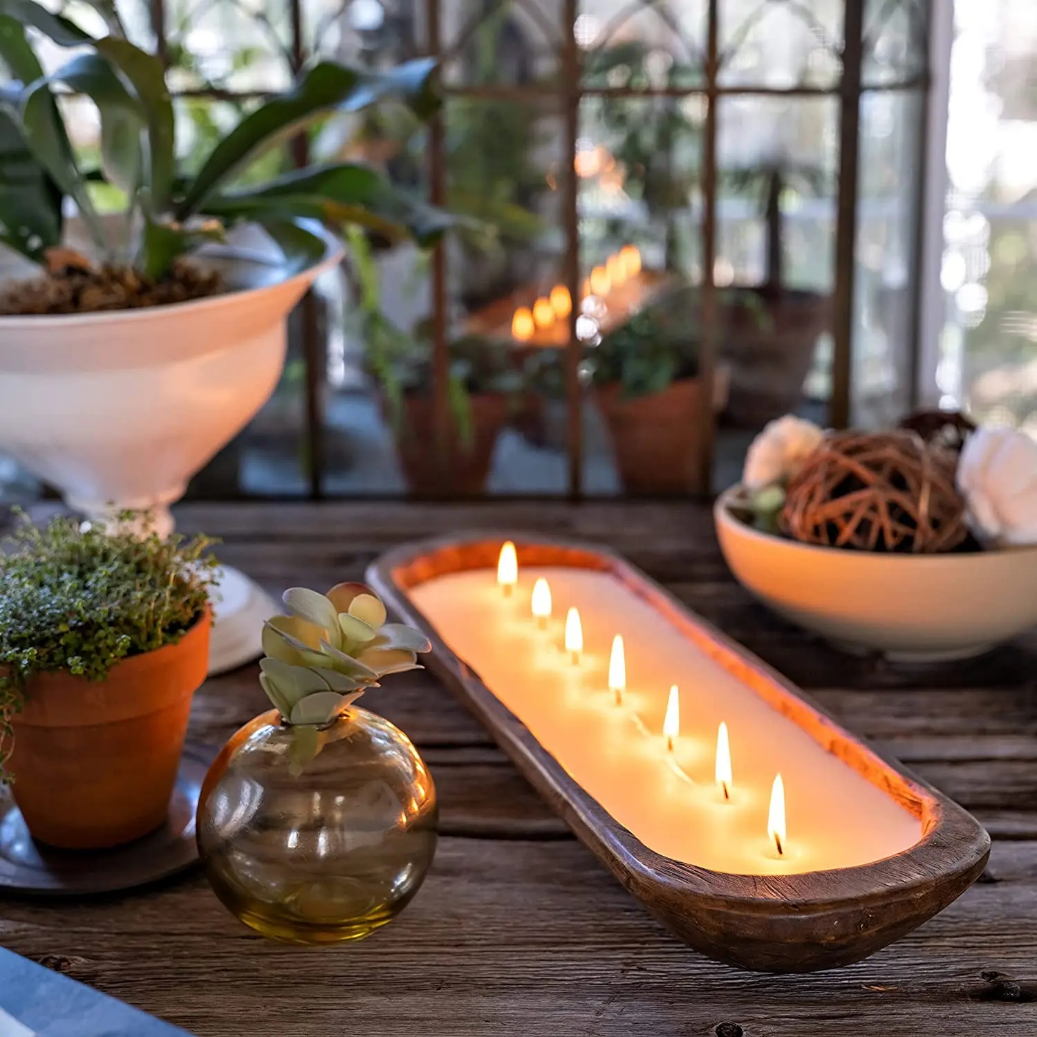 Customized Farmhouse Wooden Dough Bowl Candles Table Centerpiece , Wood Bowl Candle Boat