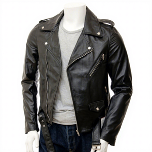 Veste moto en cuir véritable noir pour homme, col rabattu, fermeture éclair, coupe ajustée, longueur normale, couleur unie, vêtement d'automne - Product Image 1
