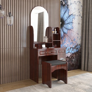 Classic <strong>Dressing</strong> <strong>Table</strong> with Mirror 80cm Makeup <strong>Table</strong> <strong>Brown</strong> MDF Bedroom <strong>Table</strong> with Metal Slider Drawers - Product Image 2